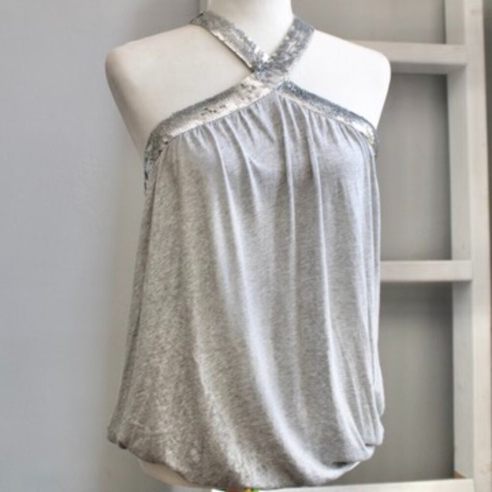 Express Vintage Y2K Gray & Silver Sequin Open-Back Halter Top Size Large